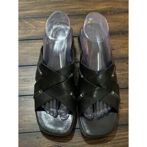 Clarks Leather Criss Cross Slide Block Heel Sandals Women's Size 9.5M Comfort